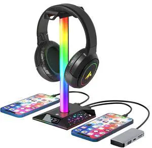 Gaming Headphone Stand PC Accessories - RGB Headset Stand with 2 USB Charger, Cool LED Headphone Holder PC Gaming Accessories Gift for Boys Men Gamers, Computer Game Hardware for Desk