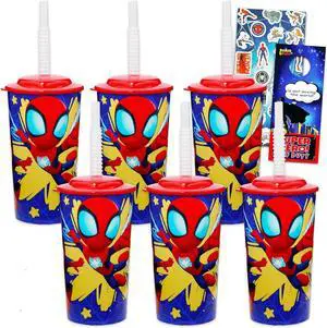 Marvel Spiderman 16oz Water Bottle Set ~ 6pc Bundle Spidey and his Amazing Friends Refillable Cups with Straws for School Supplies, Sports, and More