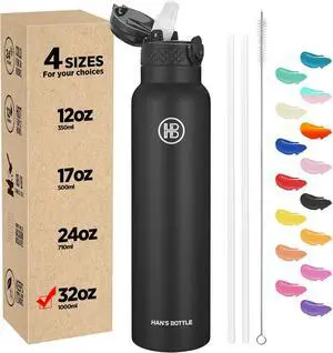 Han's Bottle Sports Water Bottle - 32 Oz, Straw Lid, Leak Proof, Vacuum Insulated Stainless Steel, Double Walled, Thermo Mug,Black