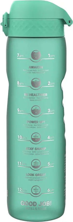 Ion8 1 Litre Water Bottle with Times to Drink, Leak Proof, Flip Lid, Carry Handle, Dishwasher Safe, BPA Free, Soft Touch Contoured Grip, Ideal for Gym, Health and Fitness, 32 oz, Teal