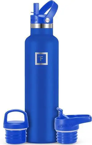 IRON °FLASK Camping & Hiking Hydration Canteens - 3 Lids (Narrow Straw Lid) Leak Proof Vacuum Insulated Stainless Steel - Hot & Cold Double Walled Sports Water Bottle - Cobalt, 24 Oz