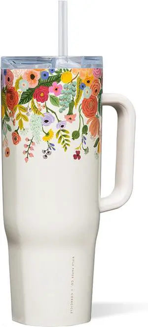 Corkcicle x Rifle Paper Co. Cruiser Insulated Tumbler with Handle & Straw - Keeps Drinks Cold 20 Hours - BPA-Free - Gift for Mom - Great for Mother's Day or Christmas - 40 oz - Garden Party Cream