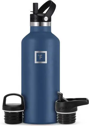 IRON °FLASK Camping & Hiking Hydration Canteens - 3 Lids (Narrow Straw Lid) Leak Proof Vacuum Insulated Stainless Steel - Hot & Cold Double Walled Sports Water Bottle - Twilight Blue, 32 Oz
