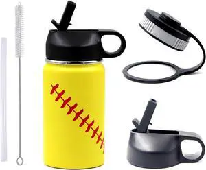12 oz Softball Water Bottle, Metal Sports Flask Thermo Travel Tumbler with 2 Lids, Stainless Steel Double Wall Vacuum Insulated Leak Proof Water Bottles, Softball Accessories Gifts for Boys Girls