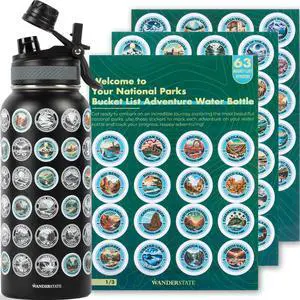 National Parks Water Bottle: Your Ultimate Hydration & Bucket List Kit! (Features 2 Lids, Adventure-Ready Straw, Leakproof Stainless Steel, 63 Premium Waterproof Stickers!) 32oz (Black)