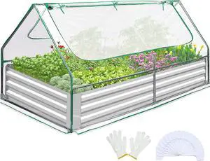 Quictent Raised Garden Bed with Cover Outdoor Galvanized Metal Planter Box Kit, w/ 2 Large Screen Windows Mini Greenhouse 20pcs T Tags 1 Pair of Gloves Included for Growing Vegetables 6x3x1ft (Clear)