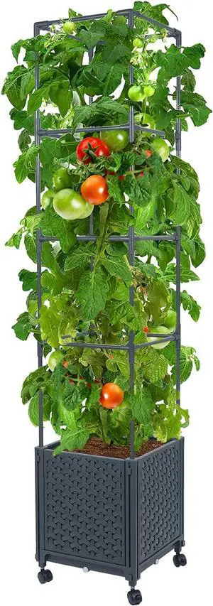 LINEX Raised Garden Bed Planter Box with Trellis, 56.7 Tomato Planters for Climbing Plants Vegetable Vine Flowers Outdoor Patio, Tomatoes Cage w/Self-Watering & Wheels