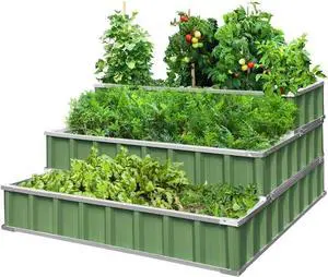KING BIRD 3 Tiers Raised Garden Bed Dismountable Frame Galvanized Steel Metal Patio Garden Elevated Planter Box 46" x 46" x 23.6" for Growing Vegetables Flowers (Green)