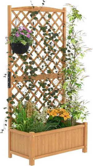 S AFSTAR Raised Garden Bed with Trellis, Indoor & Outdoor Wood Elevated Plant Container with Diamond Shaped Trellis & Drain Hole, Above Ground Garden Bed for Vine Climbing Plants