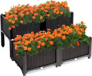 Giantex Raised Garden Bed, Set of 4 Planter Raised Beds Kits with Drain Holes for Fruit Flowers Vegetables, Outdoor Elevated Planting Box for Lawn Patio Balcony, Easy Assembly, Rattan-Like Look, Brown