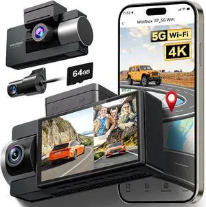 WOLFBOX i17 4K 3 Channel Dash Cam, 5.8GHz WiFi & GPS with 64GB Card, 4K+1080P+1080P Dash Cam Front and Rear Inside, Triple Car Camera with 3 Inch Screen, IR Night Vision, WDR, 24H Parking Mode