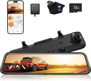 WOLFBOX G840H 12'' Mirror Dash Cam with ADAS and BSD, 2.5K Rear View Mirror Camera Front and Rear, 5.8GHz WiFi, Voice Control, Parking Monitor, Included 32GB Card & GPS, Loop Recording