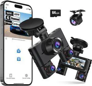 360° Dash Cam Front and Rear Inside, 4 Channel Dash Camera for Cars FHD 1080Px4, Built-in Wi-Fi, 3.16 IPS Screen, WDR Night Vision, Voice Control, Included 64GB Card, 24H Parking Mode