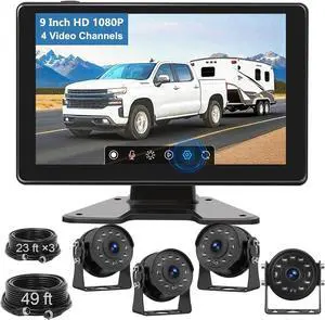RV Backup Camera System Wired for Truck, 4 Channel 9-Inch Full Touch IPS Quad Split Monitor, HD 1080P DVR Recording Waterproof IR Night Vision Rear View Cameras for Truck, Trailer, RV, Van, Pickup
