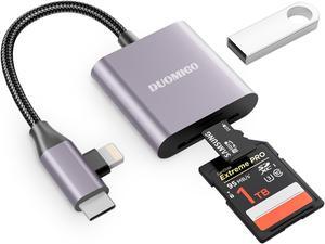 Duomigo 3-in-2 USB C SD TF Card Reader for iPhone/iPad/Mac/Laptop, Dual Connector Memory Card Adapter with USB OTG, Plug and Play