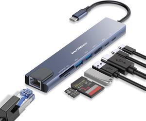 Duomigo USB C Hub Ethernet,8 in 1 Type C Hub Dongle with HDTV 4K@30Hz, RJ45 Ethernet,100W Power Delivery, SD/TF Card Reader, 2 USB Ports, USB Type C Hub for MacBook Pro Air and More