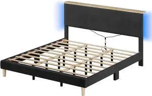 Bestier King Platform Bed with Adjustable Storage Headboard Shelf, LED Corduroy Upholstered Bed Frame, Black