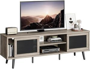Bestier Rattan TV Stand for 75" TV, Boho Style, Sliding Doors&2 Tier Storage Shelves, Grey