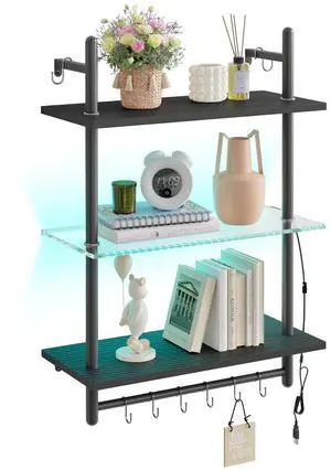 Bestier 23" Floating Shelves For Wall With Led Light 3-tier Wall-mounted Wood Shelves With 8 S-hooks