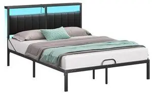 Bestier Full Bed Frame with Storage Headboard Shelf, Full Size Platform Bed With LED Lights & USB Ports, Black PU Leather