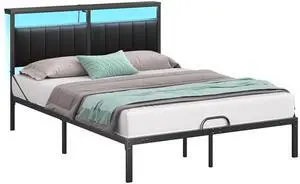 Bestier Queen Bed Frame with Upholstered Headboard, Metal Platform Bed with LED Lights & USB Ports Black