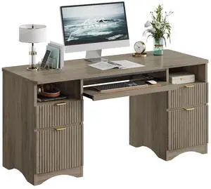 Bestier 59''Fluted Executive Desks with File and Storage Drawers , Computer Writing Desk with Keyboard Tray, Home Office Desks with Cable Management and 2 Open Compartments