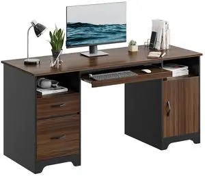 Bestier 59'' Executive Desk with File and Storage Drawers and Cabinet, Computer Writing Desk with Keyboard Tray and 2 Open Compartments for Home Office Cherry