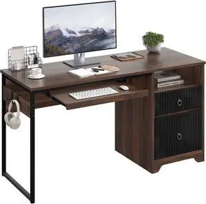 Bestier 55 Inch Computer Desk with Keyboard Tray, Modern Office Desk with Storage, Wood Writing Desk with File Drawer, Fluted Panel & 2 Hooks for Home Office & Studio, Cherry
