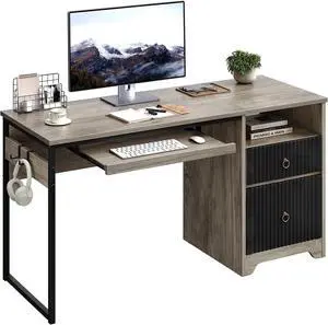 Bestier 55 Inch Computer Desk with Keyboard Tray, Modern Office Desk with Storage, Wood Writing Desk with File Drawer, Fluted Panel & 2 Hooks for Home Office & Studio, Grey