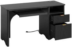 Bestier 55Inch Fluted Executive Desk with Power Outlet, Mordern Computer Writing Desks with File Drawers, Home Office Desk with Keyboard Tray and Open Storage Compartment