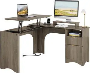 Bestier L Shaped Desk with Lift Desktop, 55 inch Corner Desk with Fluted Panel Deisgn Drawers, Modern Office Desk with File Drawer (Grey, 55'' x 55'' Lift Top)