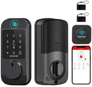 SMONET Smart Door Lock WiFi Deadbolt: Keyless Entry Front Fingerprint Keypad Electronic Digital Locks Alexa Deadbolt Remote Control, Bluetooth APP KeyFob Code Auto-Lock for Home, Black