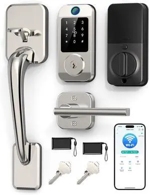 Wi-Fi Smart Lock with Handle, Keyless Entry Front Door Lock Set Built-in WiFi Fingerprint Electronic Smart Deadbolt with Lever Handle, Digital Keypad, Remote App Control Easy Install Silver Wi-Fi Smart Lock with Handle, Keyless Entry Front Door Lock Set Built-in WiFi Fingerprint Electronic Smart Deadbolt with Lever Handle, Digital Keypad, Remote App Control Easy Install Silver