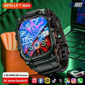 LOKMAT APPLLP 7 MAX Smartphone Watch, 4G/5G SIM Card, Full Wi-Fi, 2.06-inch AMOLED Widescreen, 410*502 Resolution, Pull-out Knob HD Camera, Multi-function Black Technology Watch