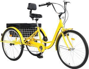 Adult Tricycle Bike 7 Speed, 24 Inch 3 Wheel Bikes Tricycle for Adults, Cruiser Bike w/Rear Basket Yellow
