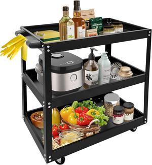 EVGTTI 3-Tier Service Cart 440 lbs Capacity Metal cart on Wheels for Garage Warehouse Workshop Use Stainless Steel Utility Cart Black