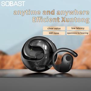 SOBAST open headset, ultra-comfortable, lightweight design, fit the ear, ergonomic earhooks, powerful bass, 36 hours of playback time, Bluetooth 5.3, application control, clear calls, wireless g Black