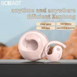 SOBAST open headphones, ultra-comfortable, lightweight design, fit in the ear, ergonomic earhooks, powerful bass, 36 hours of playback time, 5.3, app control, AI translation conversation,  Pink