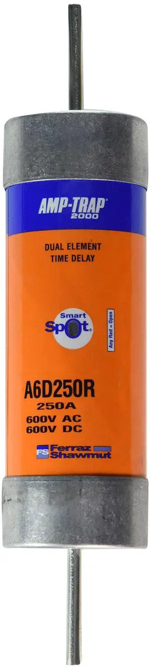 Mersen A6D-R Amp-Trap 2000 Time-Delay/Class RK1 Fuse with Visual Open Fuse Indicator, 600VAC/DC, 200kA AC/100kA DC, 250 Ampere, 2-9/16" Diameter x 11-5/8" Length