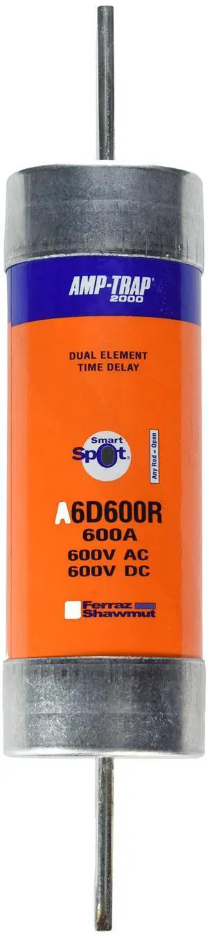Mersen A6D-R Amp-Trap 2000 Time-Delay/Class RK1 Fuse with Visual Open Fuse Indicator, 600VAC/DC, 200kA AC/100kA DC, 600 Ampere, 3-1/8" Diameter x 13-3/8" Length