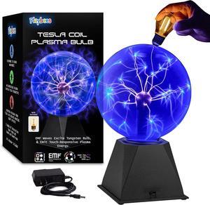 Playbees Colorful Plasma Ball - 7 Inch - Tesla Coil Bulb Static Electricity in a Vacuum Pressurized Glass Globe, Nebula, Thunder Lightning, Plug-in - for Parties, Decorations, Prop, STEM - Blue