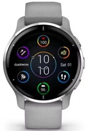 Garmin  Venu 2 Plus Smartwatch - 33mm - Silver - Fiber-reinforced Polymer - Powder Gray - Silicone Strap - Silicone - Excellent (Grade A)