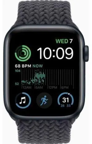 Apple  Watch SE (2022) - 32GB - Midnight-Aluminum-Braided Solo Loop Band-Midnight - Cellular + GPS - 44mm - Midnight - Aluminum - Midnight - Braided Solo Loop Band - Medium/Large Size - Rubber - Excel