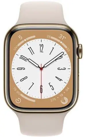 Apple  Watch Series 8 - 32GB - Gold-Stainless Steel-Sport Band-Starlight - Cellular + GPS - 45mm - Gold - Stainless Steel - Starlight - Sport Band - Rubber - Excellent (Grade A)