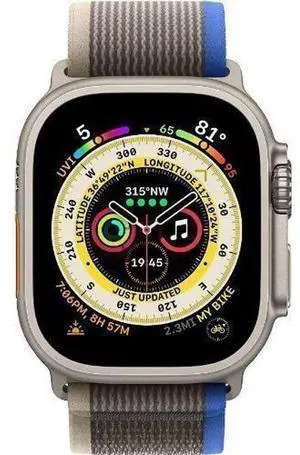Apple  Watch Ultra - 32GB - Titanium-Titanium-Trail Loop Band-Blue/Gray - Cellular + GPS - 49mm - Titanium - Titanium - Midnight - Ocean Band - Large Size - Rubber - Excellent (Grade A)