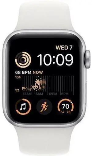 Apple  Watch SE (2022) - 32GB - Silver-Aluminum-Sport Band-White - Cellular + GPS - 44mm - Silver - Aluminum - White - Sport Band - Medium/Large Size - Rubber - Excellent (Grade A)