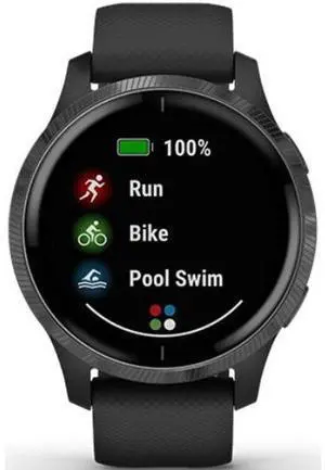 Garmin  Venu Smartwatch - 30.4mm - Slate Black - Fiber-reinforce Polymer - Black - Silicone Strap - Silicone - Premium (Refreshed)
