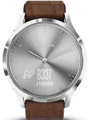 Garmin  Vivomove HR Smartwatch - 43mm - Silver - Premium Edition (Stainless Steel) - Dark Brown Embossed - Italian Leather Band - Large Size - Silicone - Premium (Refreshed)