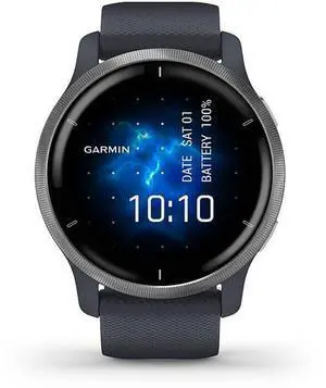Garmin  Venu 2 Smartwatch - 45mm - Silver - Fiber-reinforced Polymer - Granite Blue - Silicone Strap - Silicone - Premium (Refreshed)