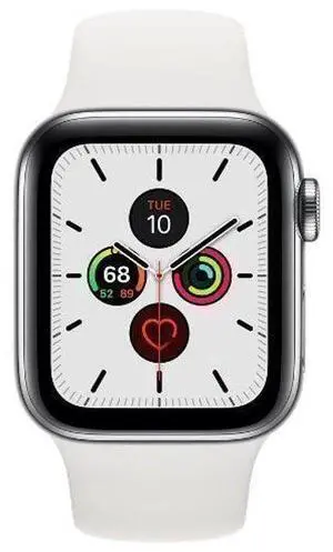 Apple  Watch Series 5 - 32GB - Silver-Stainless Steel-Sport Band-White - Cellular + GPS - 44mm - Silver - Stainless Steel - White - Sport Band - Rubber - Premium